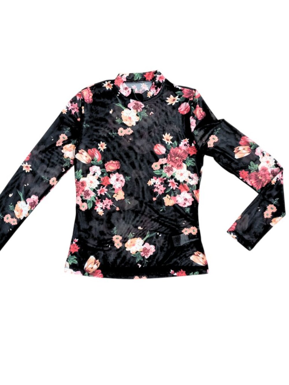 Shein Floral Sheer Mesh Top Long Sleeve Mock Neck M